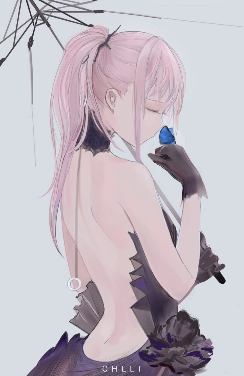 1girl artist_name bangs bare_back bare_shoulders black_gloves bug butterfly chilli_646 closed_eyes dress eyebrows_visible_through_hair feet_out_of_frame girls_frontline gloves grey_background hair_ornament hairclip highres holding holding_umbrella long_hair pink_hair ponytail purple_dress solo st_ar-15_(girls'_frontline) standing umbrella upper_body