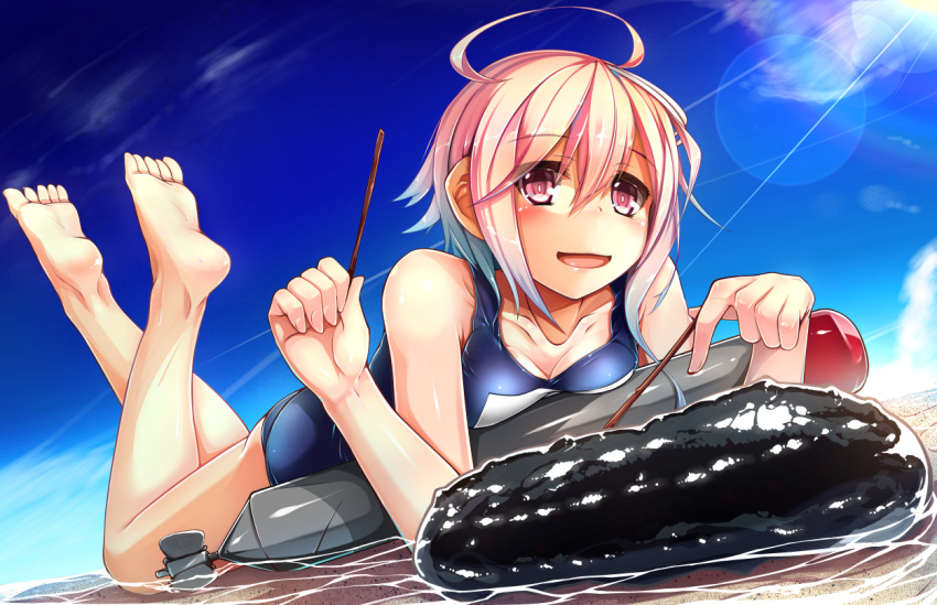 1girl :d ahoge barefoot blush breasts cleavage dutch_angle feet fuuki_(nicoseiga) gradient_hair i-58_(kantai_collection) kantai_collection legs_up lens_flare lying multicolored_hair on_stomach open_mouth pink_hair school_swimsuit sea_cucumber shallow_water short_hair sky smile soles solo stick sunlight swimsuit the_pose toes torpedo water wet