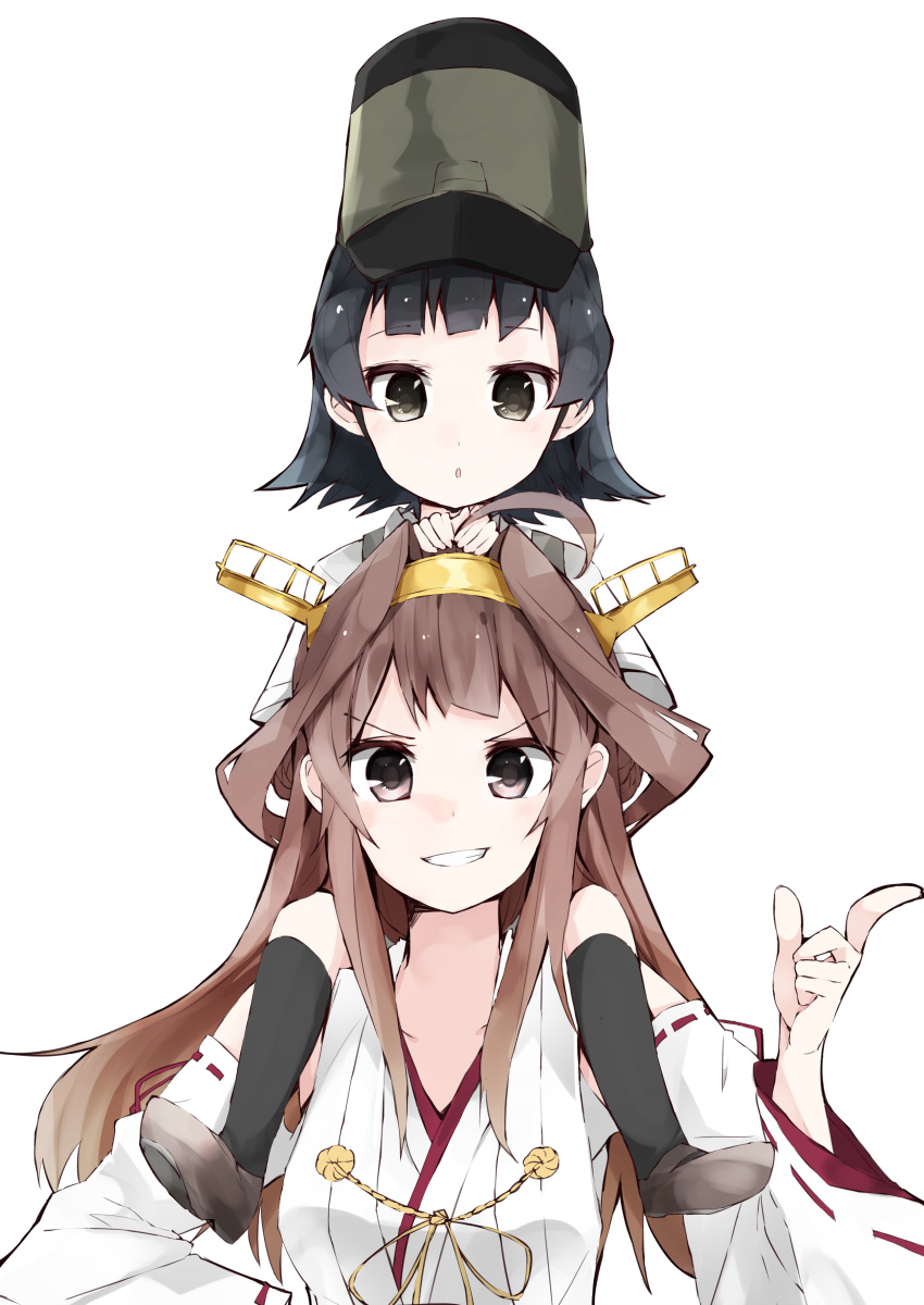 &gt;:) 2girls :o absurdres ahoge arare_(kantai_collection) bare_shoulders black_eyes black_hair breasts brown_eyes brown_hair carrying detached_sleeves double_bun hairband hat headgear highres japanese_clothes kantai_collection kongou_(kantai_collection) long_hair looking_at_viewer multiple_girls nontraditional_miko ooyama_imo remodel_(kantai_collection) ribbon-trimmed_sleeves ribbon_trim school_uniform short_hair short_sleeves shoulder_carry simple_background smile suspenders teeth white_background