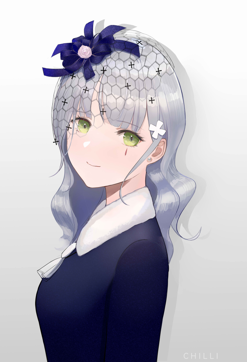 1girl absurdres bangs chilli_646 closed_mouth earrings eyebrows_visible_through_hair girls_frontline green_eyes hair_ornament hairclip highres hk416_(girls'_frontline) jewelry light_blue_hair long_hair looking_at_viewer smile solo teardrop_facial_mark teardrop_tattoo upper_body veil white_background