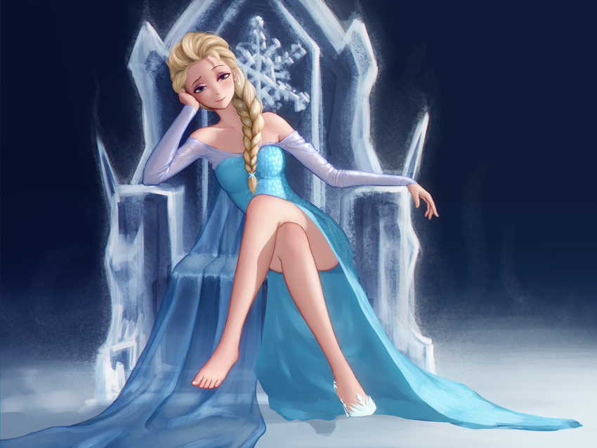 1girl bare_shoulders barefoot blonde_hair blue_eyes braid cape crossed_legs dress elsa_(frozen) eyelashes eyeshadow frozen_(disney) hair_ornament hair_over_shoulder head_on_hand highres long_hair looking_at_viewer makeup maredoro sequins single_braid single_shoe sitting snowflake_hair_ornament solo throne toes