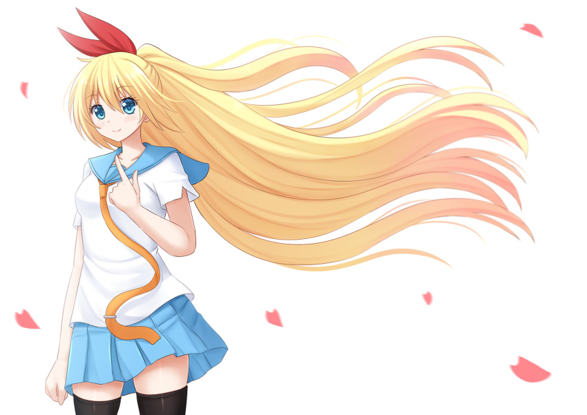 1girl arm_at_side black_legwear blonde_hair blue_eyes blue_skirt blush cherry_blossoms closed_mouth collarbone cowboy_shot eyebrows eyebrows_visible_through_hair floating_hair gradient_hair hair_between_eyes hair_ribbon highres index_finger_raised kazenokaze kirisaki_chitoge multicolored_hair necktie nisekoi orange_necktie petals pink_hair pleated_skirt ponytail red_ribbon ribbon shirt short_sleeves skirt smile solo standing tareme thigh-highs white_shirt wind zettai_ryouiki