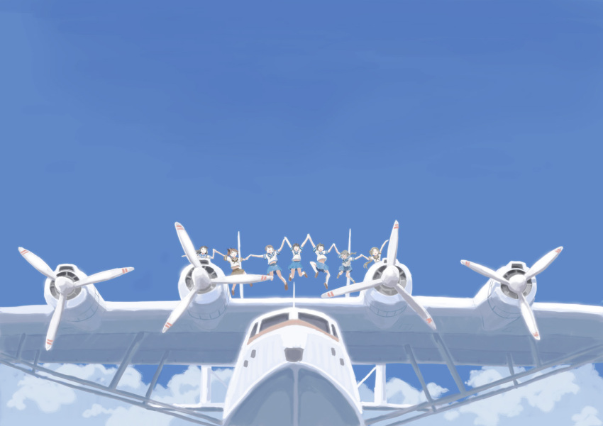 6+girls airplane ayanami_(kantai_collection) black_hair bow braid brown_hair closed_eyes clouds commentary flying_boat from_below fubuki_(kantai_collection) hair_bow happy hatsuyuki_(kantai_collection) holding_hands isonami_(kantai_collection) jumping kantai_collection kawanishi_h6k long_hair midriff miyuki_(kantai_collection) multiple_girls muted_color open_mouth ponytail school_uniform seaplane serafuku shikinami_(kantai_collection) shirayuki_(kantai_collection) short_hair short_ponytail short_twintails single_braid sky smile twintails vent_arbre