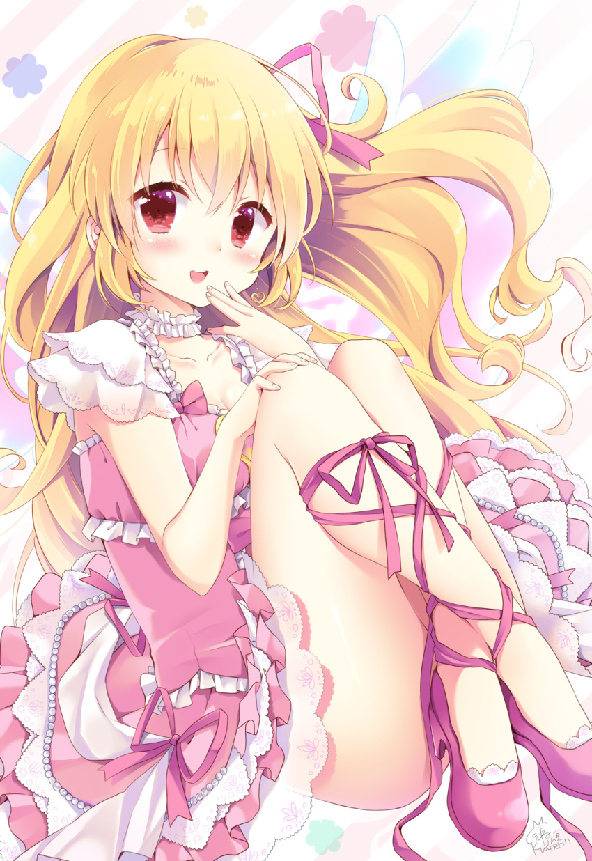 1girl aikatsu! ankle_lace-up artist_name blonde_hair blush bow collar collarbone convenient_leg cross-laced_footwear dress frilled_dress frills hand_on_own_knee hand_to_own_mouth highres hoshimiya_ichigo kuune_rin long_hair looking_at_viewer open_mouth red_eyes ribbon shoes smile solo teeth wings