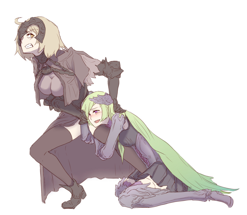 2girls :d armor black_legwear blonde_hair blush breasts clenched_teeth dark_persona fate/grand_order fate/prototype fate/prototype:_fragments_of_blue_and_silver fate_(series) gauntlets greaves green_hair helmet high_heels highres hug jeanne_alter lancer_(fate/prototype_fragments) long_hair multiple_girls open_mouth pleated_skirt ruler_(fate/apocrypha) ruler_(fate/grand_order) shao_(newton) short_hair skirt smile teeth violet_eyes yellow_eyes yuri