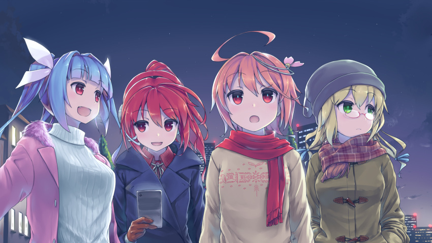 4girls ahoge bangs beanie blonde_hair blue_hair blunt_bangs brown_gloves cellphone city_lights cityscape coat ebizome fang glasses gloves green_eyes hair_ribbon hands_in_pockets hat i-168_(kantai_collection) i-19_(kantai_collection) i-58_(kantai_collection) i-8_(kantai_collection) kantai_collection long_sleeves multiple_girls night night_sky open_clothes open_coat open_mouth orange_hair outdoors phone ponytail red_eyes red_scarf redhead ribbed_sweater ribbon scarf sky smartphone smile sweater upper_body white_sweater winter_clothes
