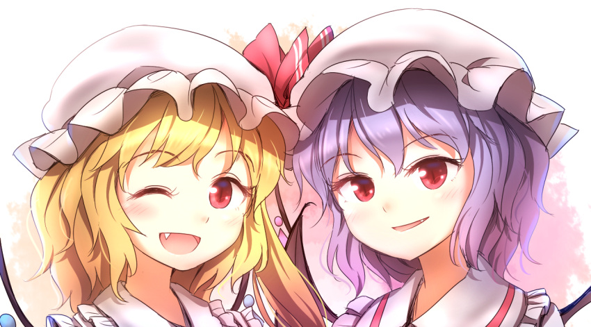 2girls ;d bat_wings blonde_hair collar demon_wings eyelashes flandre_scarlet frilled_collar frills gradient_hair hat hat_ribbon light_smile minust mob_cap multicolored_hair multiple_girls one_eye_closed open_mouth orange_hair parted_lips purple_hair red_eyes red_ribbon remilia_scarlet ribbon siblings side_ponytail sisters slit_pupils smile tareme touhou upper_body white_hat wings