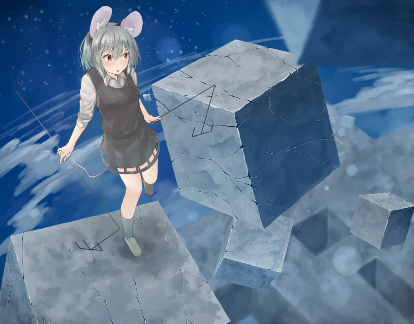1girl animal_ears blush cube dowsing_rod dress full_body grey_hair highres jewelry kneehighs looking_away looking_down mouse_ears mouse_tail nazrin necklace netamaru open_mouth red_eyes shoes short_hair short_sleeves solo standing_on_one_leg sweatdrop tail touhou