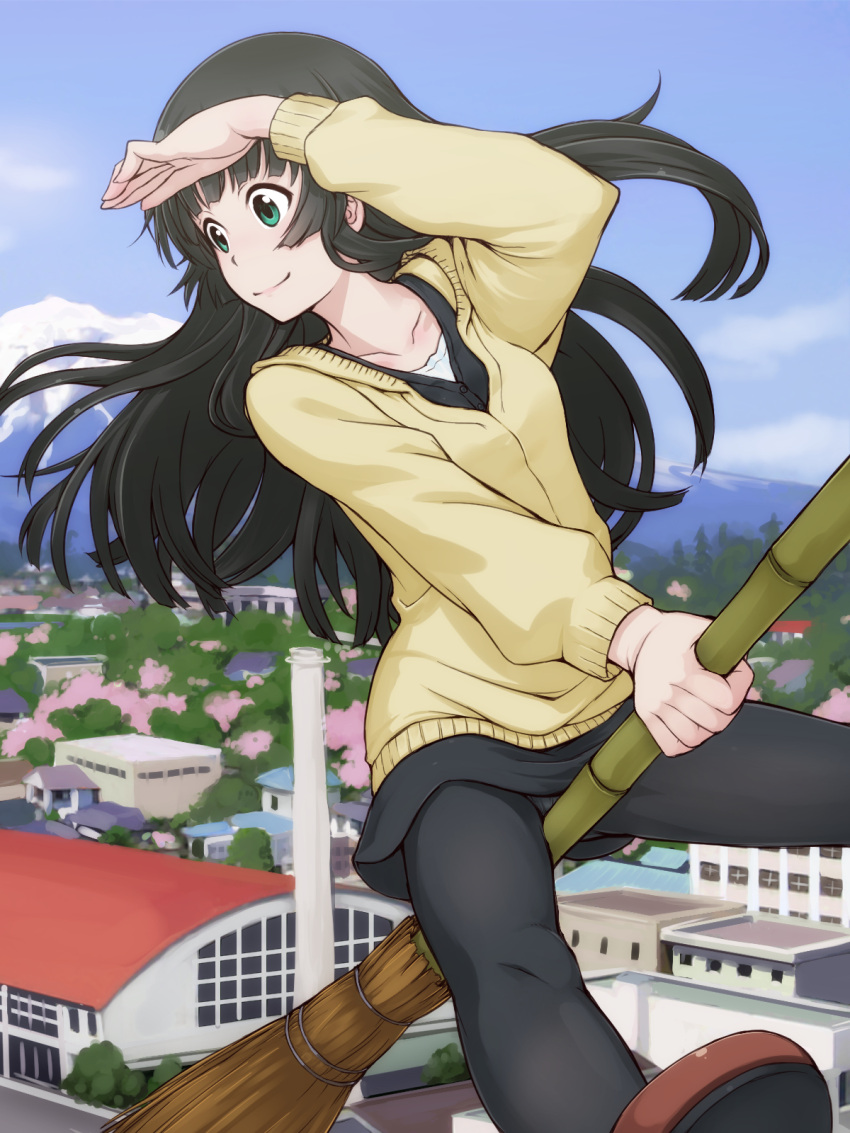 1girl between_legs black_hair broom broom_riding bush cityscape collarbone commentary flying_witch grabbing green_eyes hand_over_face highres house kowata_makoto long_hair mountain panties panties_under_pantyhose pantyhose shoes skirt smile solo sweater takeda_yukimura tree underwear