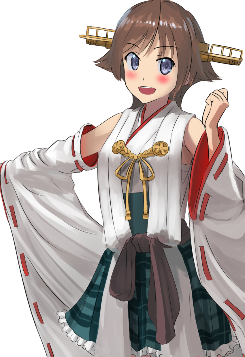 1girl ao_iro blue_eyes brown_hair detached_sleeves flipped_hair green_skirt hairband headgear hiei_(kantai_collection) highres kantai_collection looking_at_viewer nontraditional_miko open_mouth plaid plaid_skirt ribbon-trimmed_sleeves ribbon_trim short_hair skirt solo standing