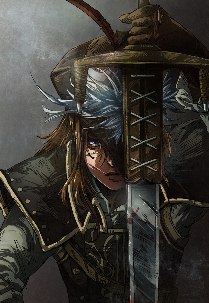 1girl blue_eyes brown_gloves brown_hair dark_souls dark_souls_ii feathers gloves highres long_hair long_sleeves lucatiel_of_mirrah solo souls_(from_software) sword taipoh weapon