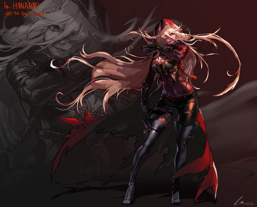 1girl boots braid breasts cleavage contrapposto gloves highres hood jpeg_artifacts long_hair looking_at_viewer lsr navel parted_lips red_eyes smile solo thigh-highs thigh_boots thigh_strap vambraces very_long_hair zoom_layer