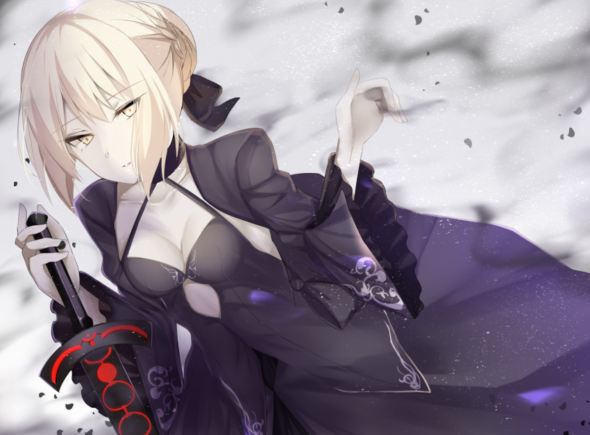 1girl black_bow black_dress blonde_hair bow breasts choker cleavage collarbone dress dutch_angle expressionless eyebrows eyebrows_visible_through_hair fate/grand_order fate/stay_night fate_(series) hair_bow holding holding_sword holding_weapon long_sleeves looking_at_viewer pale_skin saber saber_alter short_hair solo sword tsurime unsheathed upper_body ura1011 weapon yellow_eyes