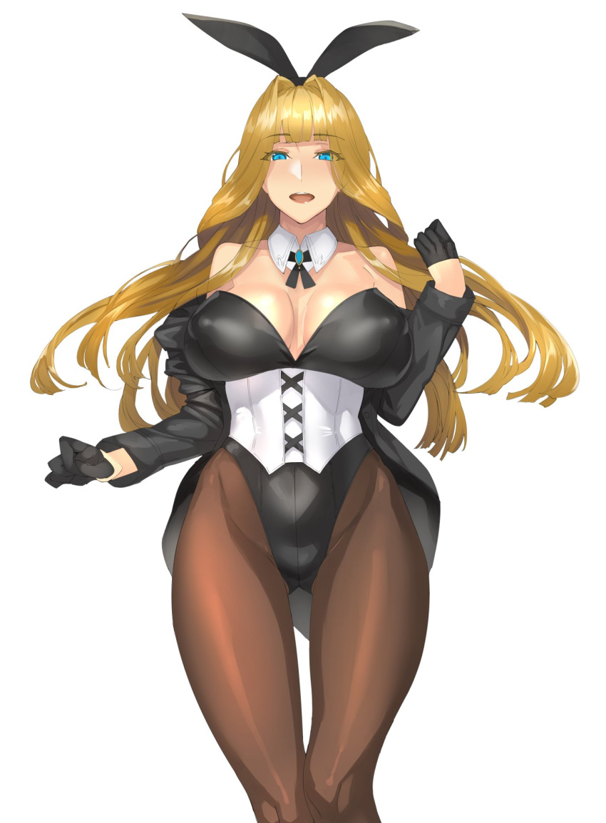 1girl animal_ears black_gloves black_legwear blonde_hair blue_eyes breasts bunnysuit cleavage corset covered_nipples daglasses detached_collar gloves highres long_hair looking_at_viewer open_mouth original pantyhose rabbit_ears simple_background smile solo teeth white_background