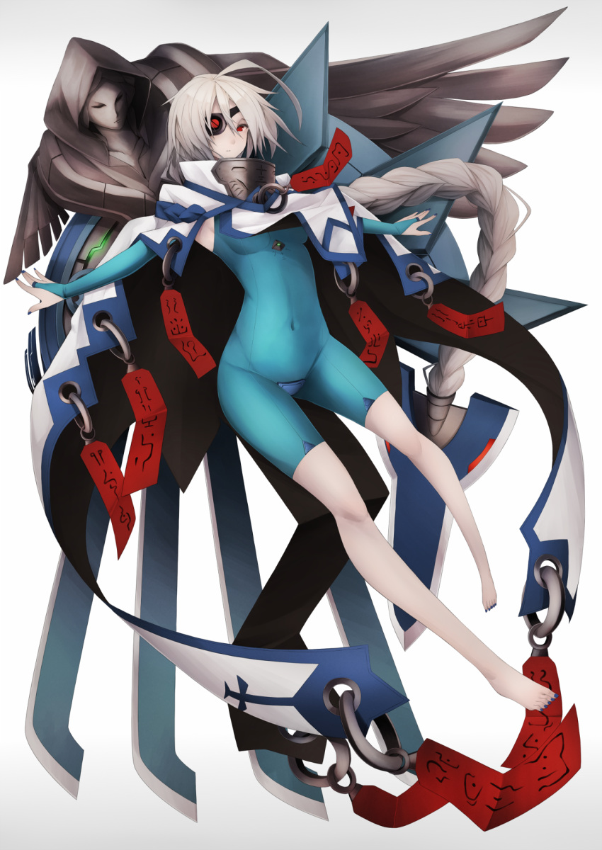 1girl ahoge bad_id barefoot blazblue blue_nails braid breasts bridal_gauntlets cape covered_navel crotch_plate eyepatch hair_weapon highres inaba_sunimi long_hair looking_at_viewer nail_polish nu-13 red_eyes silver_hair solo unitard very_long_hair