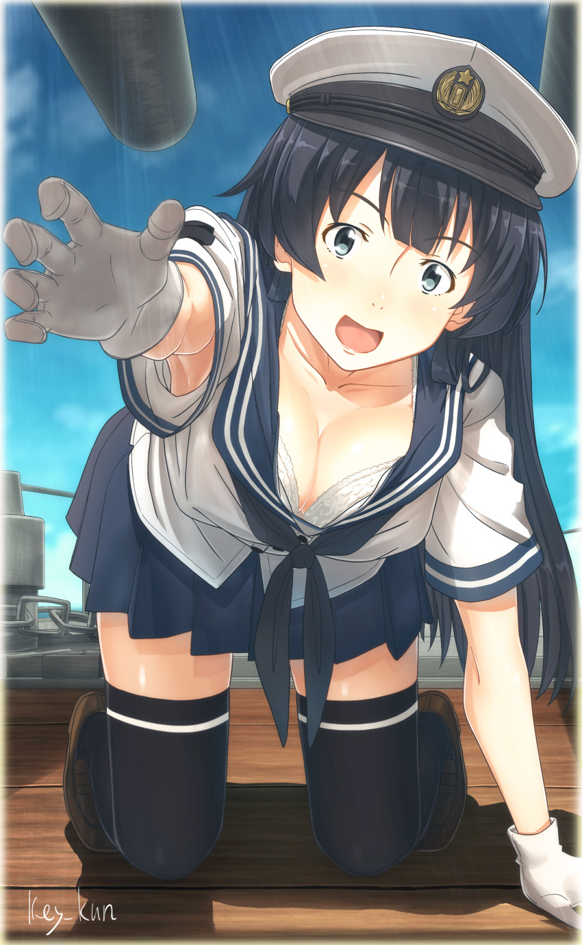 1girl absurdres agano_(kantai_collection) all_fours alternate_costume black_hair bra breasts cleavage downblouse green_eyes hat highres kantai_collection kii_kun long_hair md5_mismatch open_mouth school_uniform smile solo thigh-highs underwear