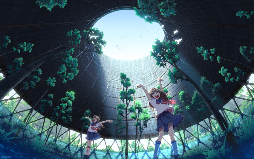2girls arms_up bird boots brown_eyes brown_hair highres long_hair multiple_girls open_mouth original outstretched_arms ruins scenery school_uniform serafuku sky smile spread_arms syego tree twitter_username uniform wading water