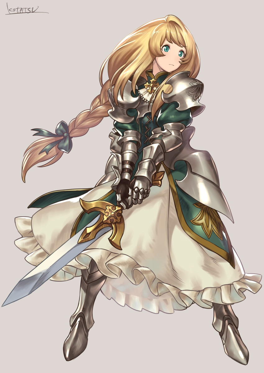 1girl armor armored_boots artist_name blonde_hair boots braid dress expressionless full_body green_eyes hair_ribbon highres holding holding_sword holding_weapon kotatsu_(g-rough) long_hair looking_away metal_gloves no_nose original ribbon signature single_braid solo sword vambraces weapon