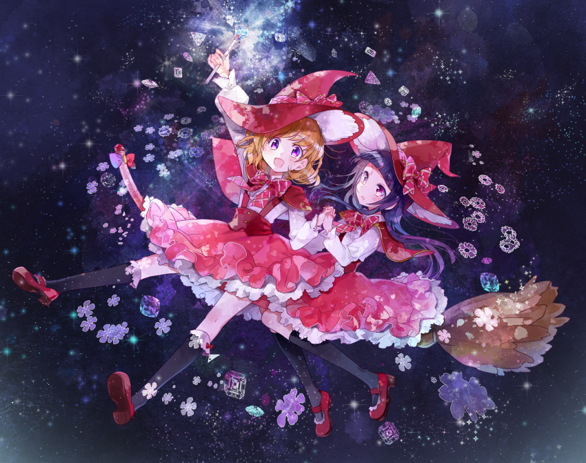 2girls :d asahina_mirai black_legwear blonde_hair bow broom broom_riding frills full_body hat hat_bow highres holding_hands izayoi_liko kneehighs long_hair mahou_girls_precure! mary_janes multiple_girls open_mouth pink_hat pink_skirt plaid plaid_bow precure purple_hair red_shoes shoes short_hair skirt smile violet_eyes wand witch_hat yukinokoe