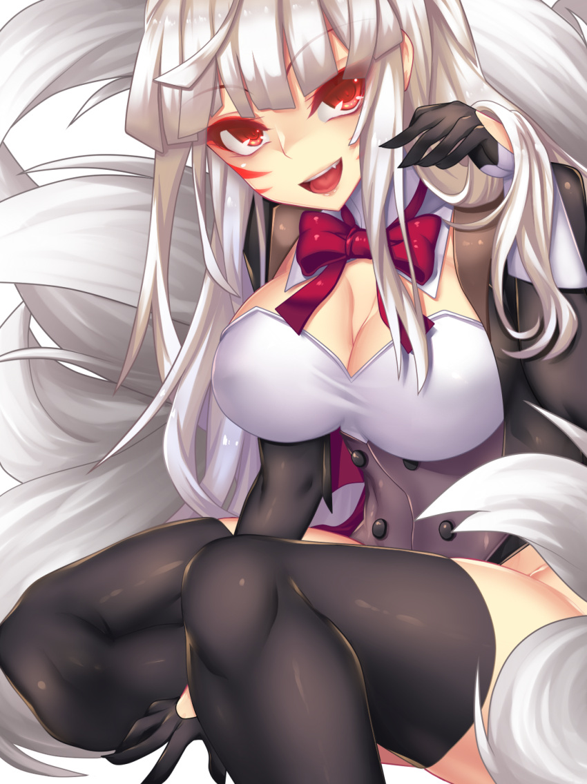 1girl :d ara_han ara_han_(celestial_fox) bangs between_legs blunt_bangs breasts cleavage corset cropped_jacket elsword eyebrows eyebrows_visible_through_hair facial_mark fang fi-san fox_tail hand_between_legs highleg highleg_leotard highres large_breasts leotard long_hair long_sleeves looking_at_viewer open_mouth red_eyes sitting smile solo tail transparent_background white_hair