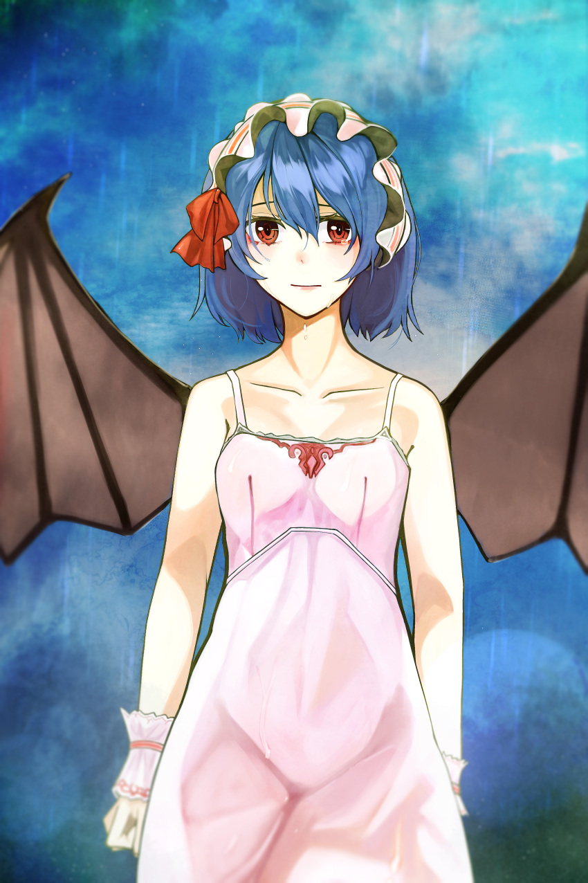 1girl absurdres bare_arms bare_shoulders bat_wings blue_background blue_hair collarbone crying crying_with_eyes_open hairband highres lolita_hairband looking_at_viewer md5_mismatch nightgown rain red_eyes remilia_scarlet ribbon scroll_lock_(scrool5) short_hair sleeveless solo tears touhou wet wings wrist_cuffs