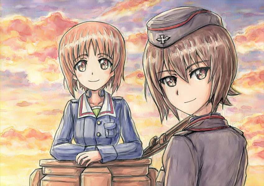 2girls brown_eyes brown_hair clouds collarbone commentary garrison_cap girls_und_panzer hat hatch looking_at_viewer looking_back military military_vehicle multiple_girls nishizumi_maho nishizumi_miho omachi_(slabco) panzerkampfwagen_iv siblings sisters sky smile sunset tank throat_microphone traditional_media uniform vehicle watercolor_(medium)
