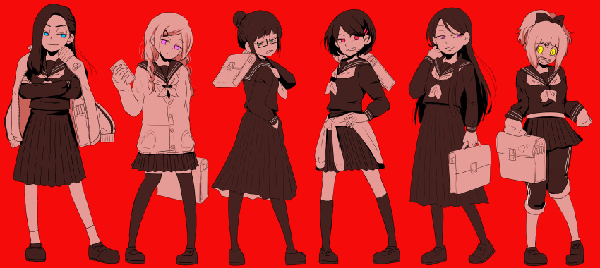 6+girls alternate_costume arm_at_side bangs black-framed_glasses black_hair black_legwear black_shoes blue_eyes blunt_bangs bow braid briefcase cardigan carrying_over_shoulder choroko_(osomatsu-san) closed_mouth clothes_around_waist coromo18 crossed_arms full_body glowing glowing_eyes green_eyes grin hair_bow hair_bun hair_ornament hair_over_shoulder hairclip hand_in_pocket hand_on_hip heart highres holding_bag holding_phone ichiko_(osomatsu-san) jacket jacket_around_waist jacket_on_shoulders juushiko_(osomatsu-san) karako_(osomatsu-san) kneehighs legs_apart long_hair long_sleeves looking_at_another looking_at_viewer looking_back looking_to_the_side miniskirt multiple_girls no_pupils osoko_(osomatsu-san) osomatsu-san pants pants_under_skirt pantyhose parted_lips pleated_skirt ponytail red_background red_eyes school_uniform serafuku shoes simple_background skirt sleeves_past_wrists smile socks standing swept_bangs thigh-highs todoko_(osomatsu-san) track_jacket track_pants twin_braids twintails uneven_eyes violet_eyes white_legwear younger zettai_ryouiki
