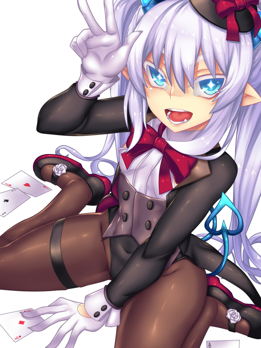 1girl :d bangs between_legs black_hat black_shoes blue_eyes bow bowtie brown_legwear card clubs colored_eyelashes corset covered_navel demon_tail diamond_(shape) elsword fi-san fingernails from_above gloves hand_between_legs hat heart highres horns leotard long_fingernails long_hair long_sleeves looking_at_viewer luciela_r._sourcream open_mouth palms pantyhose playing_card pointy_ears red_bow red_bowtie red_ribbon ribbon shoes sitting smile solo spade symbol-shaped_pupils tail thigh_strap transparent_background twintails very_long_hair wariza white_gloves white_hair