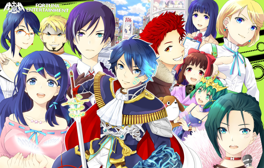 4boys 6+girls akagi_toma ao_hito aoi_itsuki bangs barry_goodman beard blonde_hair blue_eyes blue_hair bow braid brown_hair cape chiki dog earrings epaulettes everyone facial_hair facial_mark feathers gen'ei_ibunroku_sharp_fe glasses gloves green_eyes green_hair hair_ornament hairclip headband heterochromia highres jewelry kurono_kiria long_hair microphone minamoto_mamori multicolored_hair multiple_boys multiple_girls necklace orange_eyes oribe_ayaha oribe_tsubasa ponytail red_eyes redhead shimazaki_maiko sword teeth tsurugi_yashiro twin_braids two-tone_hair violet_eyes weapon white_hair yumizuru_eleanora