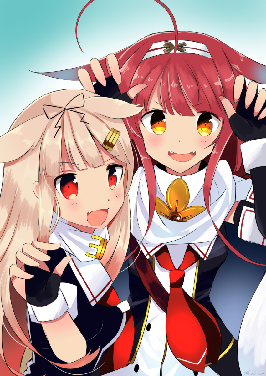 2girls ahoge black_gloves buttons edel_(edelcat) elbow_gloves fang fangs fingerless_gloves gloves hair_flaps hair_ornament hairband hairclip highres kantai_collection kawakaze_(kantai_collection) long_hair looking_at_viewer multiple_girls open_mouth red_eyes redhead remodel_(kantai_collection) scarf school_uniform serafuku smile twitter_username white_scarf yellow_eyes yuudachi_(kantai_collection)