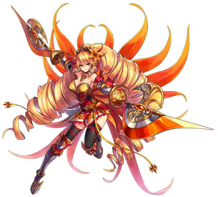 &gt;:) 1girl armor armored_boots artist_request axe bare_shoulders black_legwear blonde_hair boots brave_frontier breasts cleavage drill_hair dual_wielding flower full_body hair_flower hair_ornament long_hair official_art outstretched_arms phantom_of_the_kill red_axe_michele red_eyes simple_background skirt solo thigh-highs twin_drills very_long_hair weapon white_background