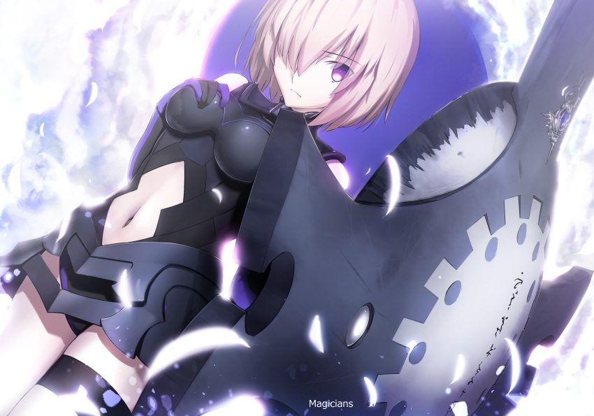 1girl armor artist_name blush breasts closed_mouth cowboy_shot dutch_angle eyebrows eyebrows_visible_through_hair fate/grand_order fate_(series) feathers frown gloves glowing hair_over_one_eye hand_on_breast highres holding_shield large_breasts leotard looking_at_viewer magicians_(zhkahogigzkh) navel navel_cutout one_eye_covered shield shielder_(fate/grand_order) short_hair silver_hair solo thigh_strap violet_eyes