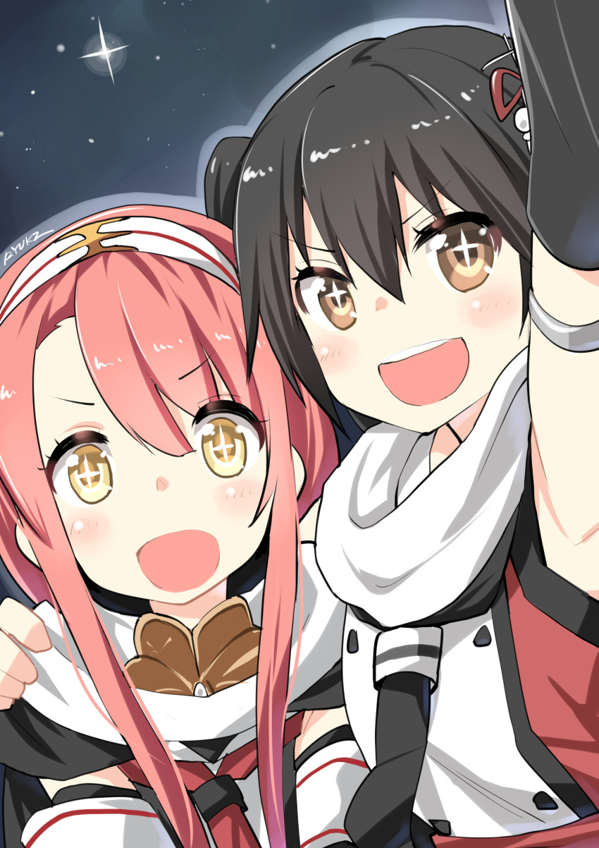 +_+ 2girls :d absurdres arm_up artist_name black_hair black_scarf blush brown_eyes cape check_commentary commentary_request elbow_gloves gloves hair_between_eyes hair_ornament hairband hand_on_another's_shoulder highres kantai_collection kawakaze_(kantai_collection) long_hair multicolored_scarf multiple_girls night night_sky open_mouth redhead remodel_(kantai_collection) ryuki_(ryukisukune) scarf school_uniform sendai_(kantai_collection) serafuku signature sky sleeveless smile sparkle sparkling_eyes star star_(sky) starry_sky symbol-shaped_pupils teeth two_side_up white_scarf yellow_eyes