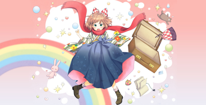 1girl :o album_cover antlers blush book brown_hair cover falling green_eyes hair_ribbon heart highres japanese_clothes kano_(singer) mizutamako open_mouth original pouch rainbow ribbon scarf short_hair solo stuffed_animal stuffed_bunny stuffed_toy suitcase surprised teddy_bear