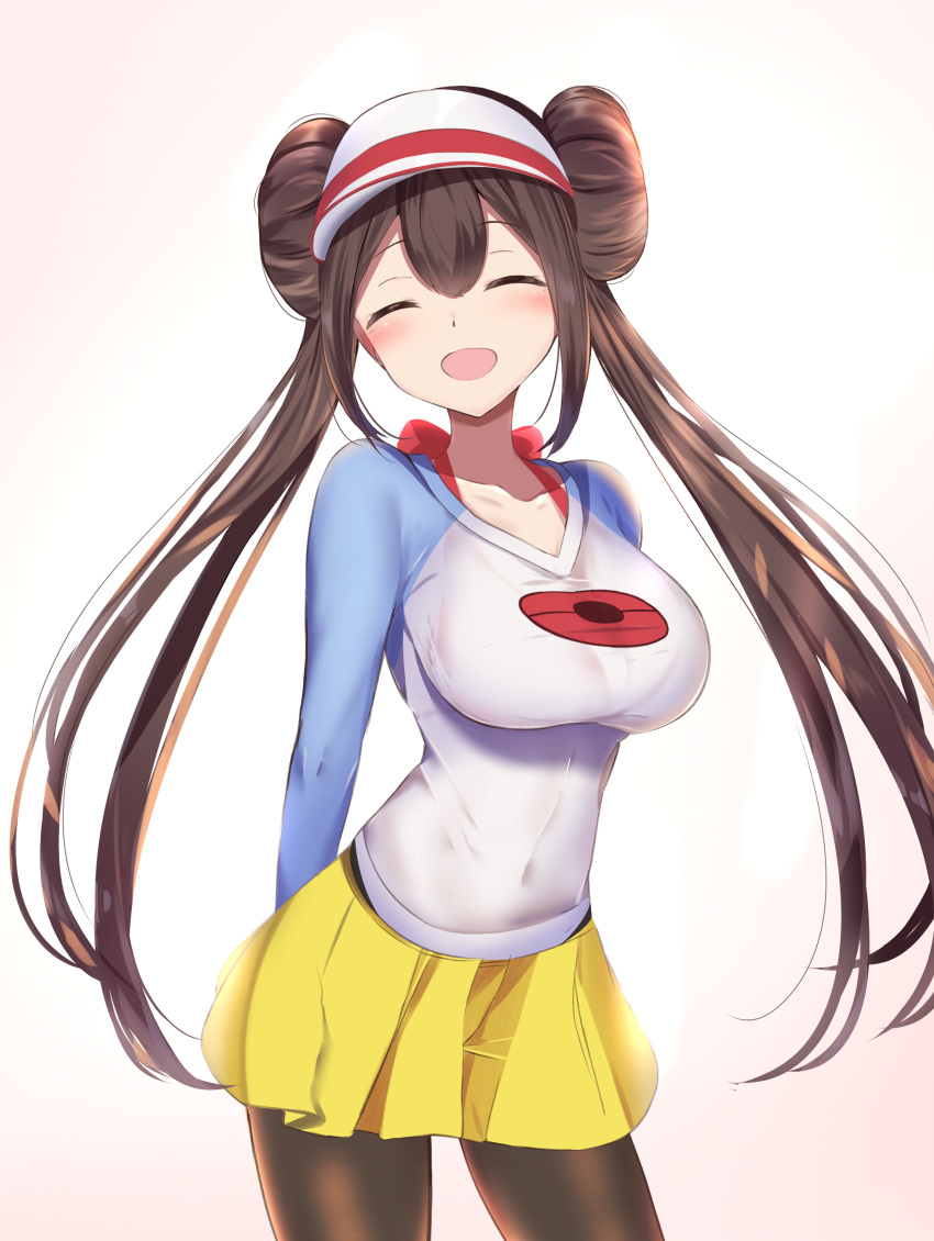 1girl :d ^_^ absurdres arms_behind_back blush breasts brown_hair brown_legwear closed_eyes collarbone double_bun highres large_breasts legwear_under_shorts long_hair macchazuki mei_(pokemon) open_mouth pantyhose pokemon pokemon_(game) pokemon_bw2 shirt shorts smile solo twintails visor_cap yellow_shorts