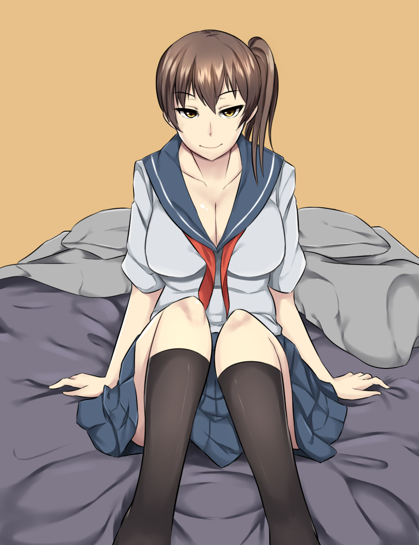 1girl blanket breasts brown_eyes brown_hair cleavage commentary futon highres kaga_(kantai_collection) kantai_collection large_breasts long_hair looking_at_viewer neckerchief on_bed pillow pleated_skirt school_uniform serafuku side_ponytail skirt smile solo wangphing