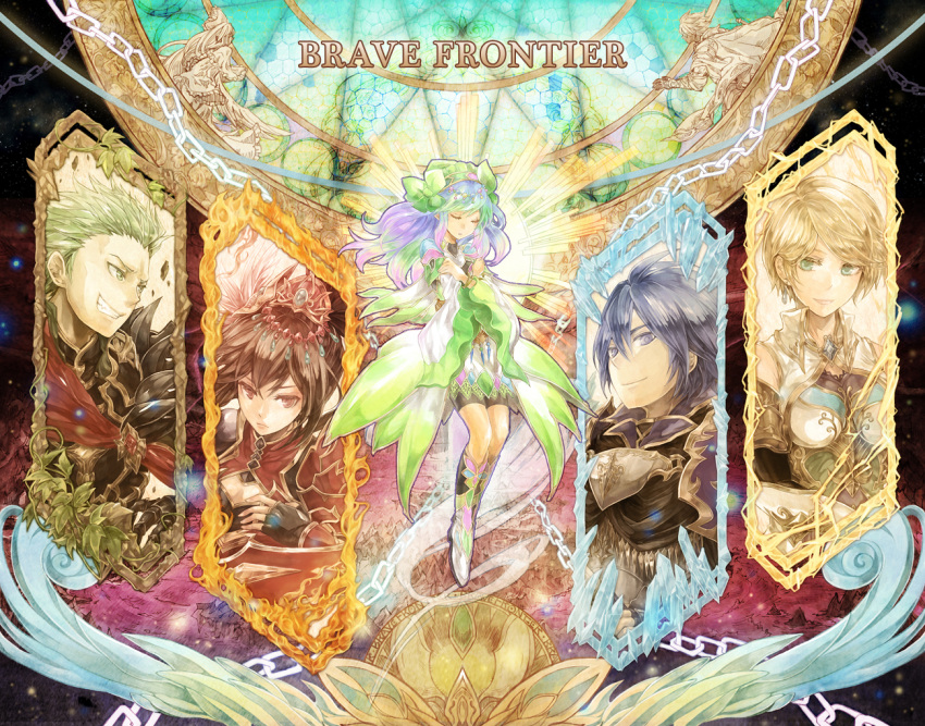 2boys 3girls armor blonde_hair blue_eyes blue_hair brave_frontier brown_hair chain closed_eyes commentary_request copyright_name earrings electricity fang fire gem gradient_hair green_eyes green_hair ice jewelry kamo_(megamikan) karl_(brave_frontier) long_hair looking_at_viewer lugina multicolored_hair multiple_boys multiple_girls paris_(brave_frontier) plant red_eyes seria short_hair smile stained_glass tilith