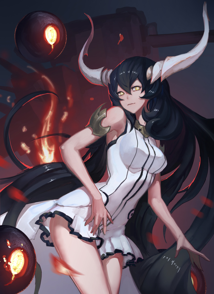 1girl absurdres anchorage_water_oni bare_shoulders black_hair breasts cannon dress enemy_aircraft_(kantai_collection) gradient_hair highres horns kantai_collection long_hair machinery multicolored_hair open_mouth overskirt red_eyes reisun001 shinkaisei-kan turret very_long_hair white_dress yellow_eyes