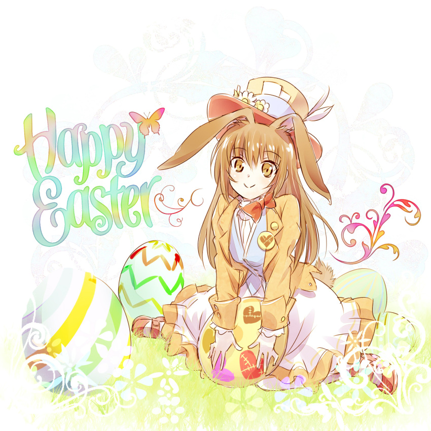 1girl animal_ears brown_eyes brown_hair bunny_tail butterfly easter easter_egg english hat highres iesupa rabbit_ears rwby skirt smile solo tail velvet_scarlatina