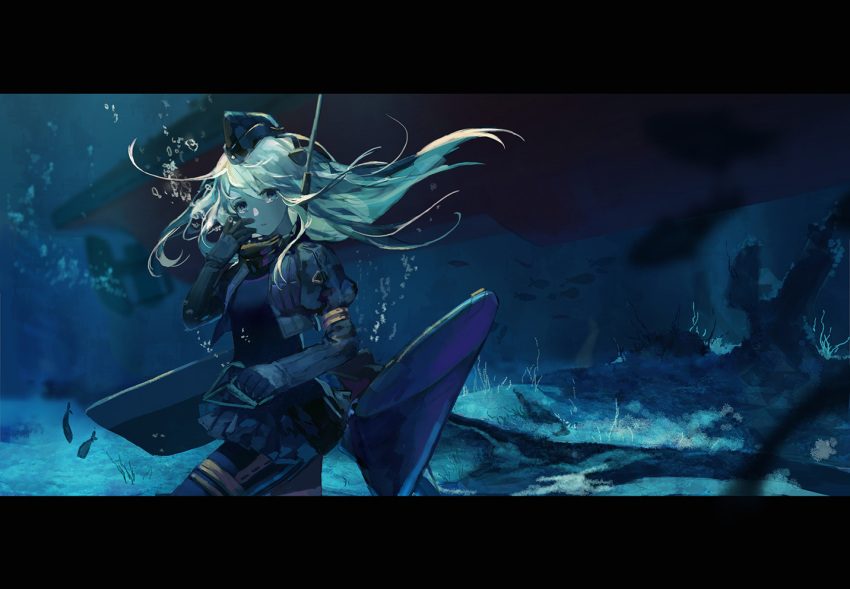 1girl air_bubble blonde_hair blue_eyes criin_(659503) fish garrison_cap hat holding kantai_collection letterboxed long_hair parted_lips pleated_skirt puffy_sleeves skirt solo u-511_(kantai_collection) underwater uniform
