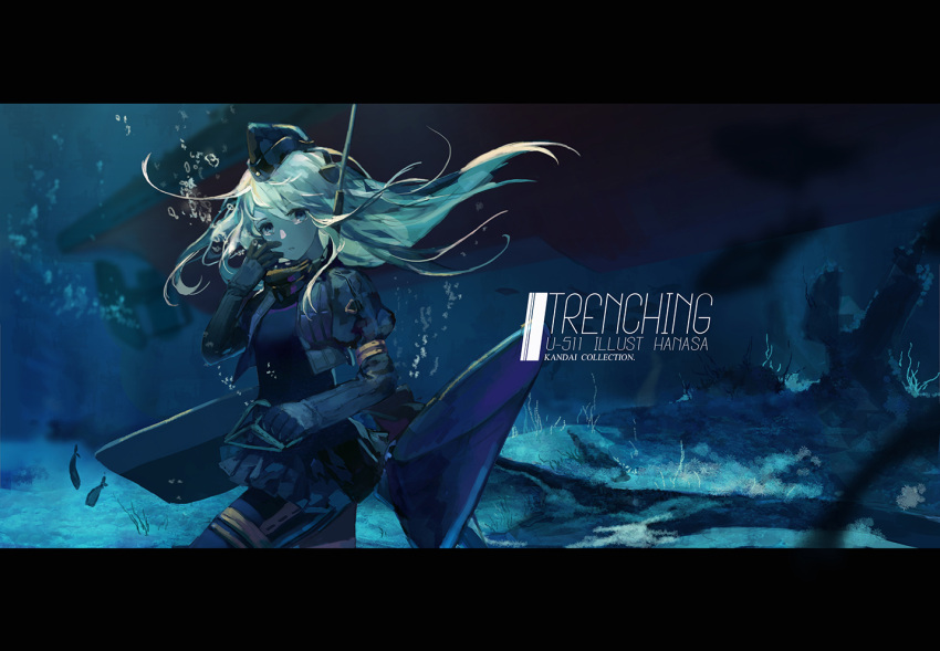 1girl air_bubble blonde_hair blue_eyes character_name criin_(659503) english fish garrison_cap hat holding kantai_collection letterboxed long_hair parted_lips pleated_skirt puffy_sleeves skirt solo u-511_(kantai_collection) underwater uniform
