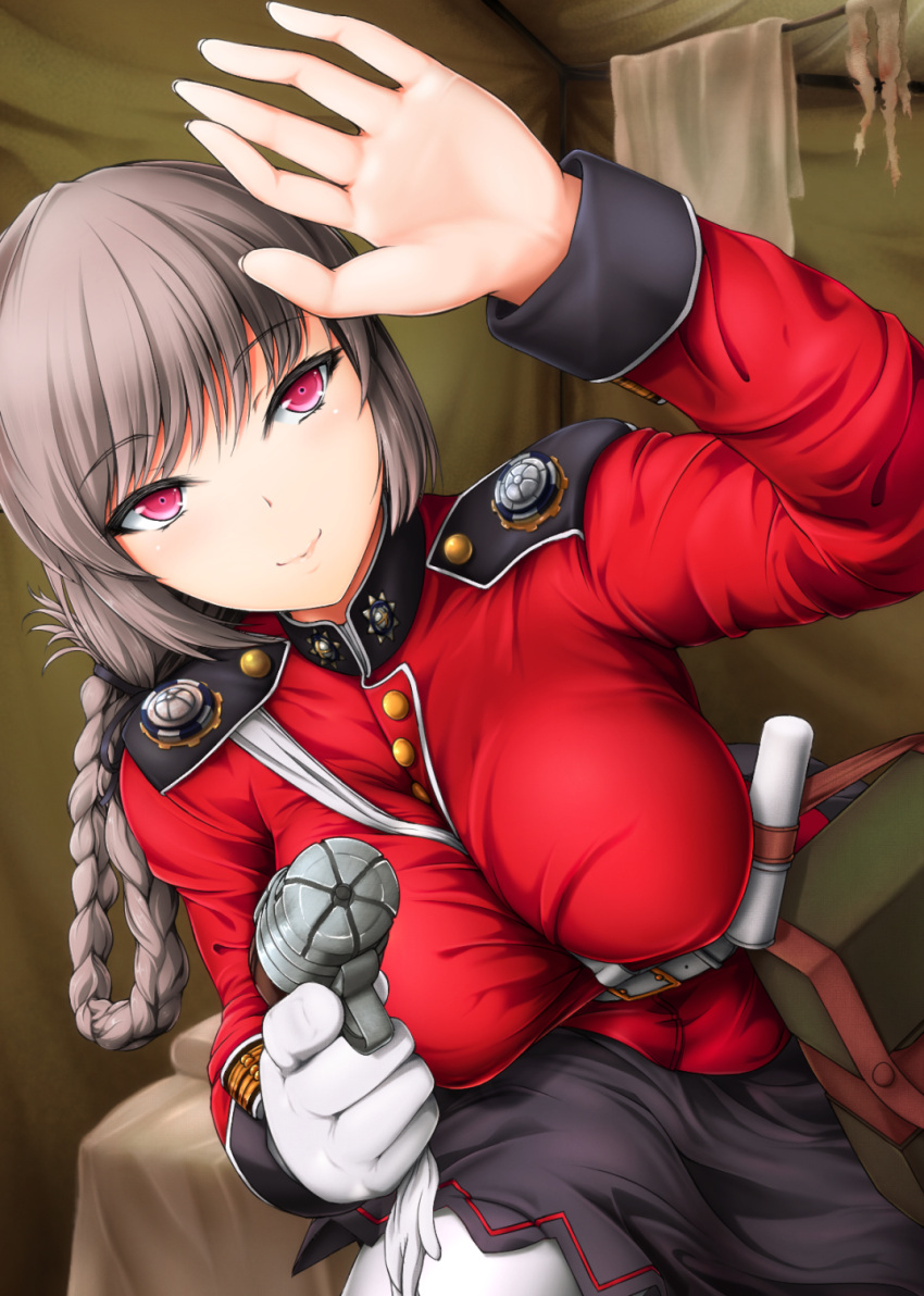 1girl aiming_at_viewer bangs belt belt_pouch between_breasts bol_(liliymimi) braid breasts closed_mouth dutch_angle epaulettes eyebrows eyebrows_visible_through_hair eyelashes fate/grand_order fate_(series) finger_on_trigger fingernails florence_nightingale_(fate/grand_order) gloves gloves_removed grey_eyes gun hair_rings highres holding holding_gloves holding_gun holding_weapon indoors large_breasts long_fingernails long_hair long_sleeves looking_at_viewer mandarin_collar military military_uniform palms pantyhose pocket red_eyes single_braid single_glove skirt solo string tied_hair towel uniform weapon white_gloves white_legwear