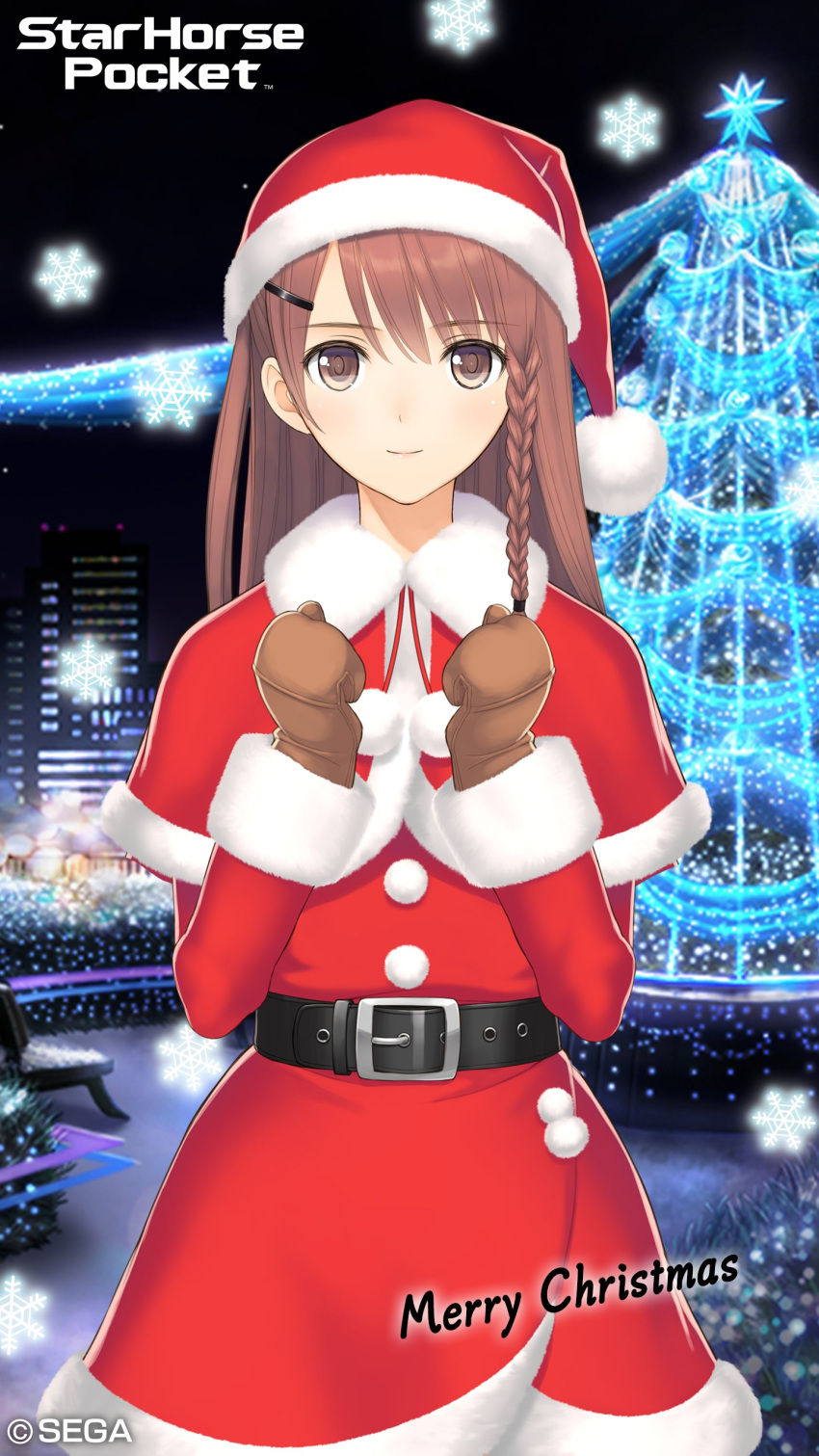 1girl absurdres bangs belt black_belt braid brown_eyes brown_gloves brown_hair building capelet christmas_tree commentary_request copyright_name fur_trim gloves hair_ornament hairclip hat highres hiyoshi_haruka logo long_sleeves looking_at_viewer merry_christmas night night_sky official_art outdoors pom_pom_(clothes) santa_costume santa_hat sky smile snowflakes solo starhorse_pocket tanaka_takayuki