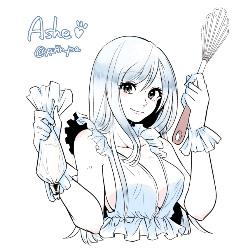 1girl ashe_(league_of_legends) breasts cleavage dress frills gloves icing large_breasts league_of_legends otani_(kota12ro08) sideboob smile solo whisk