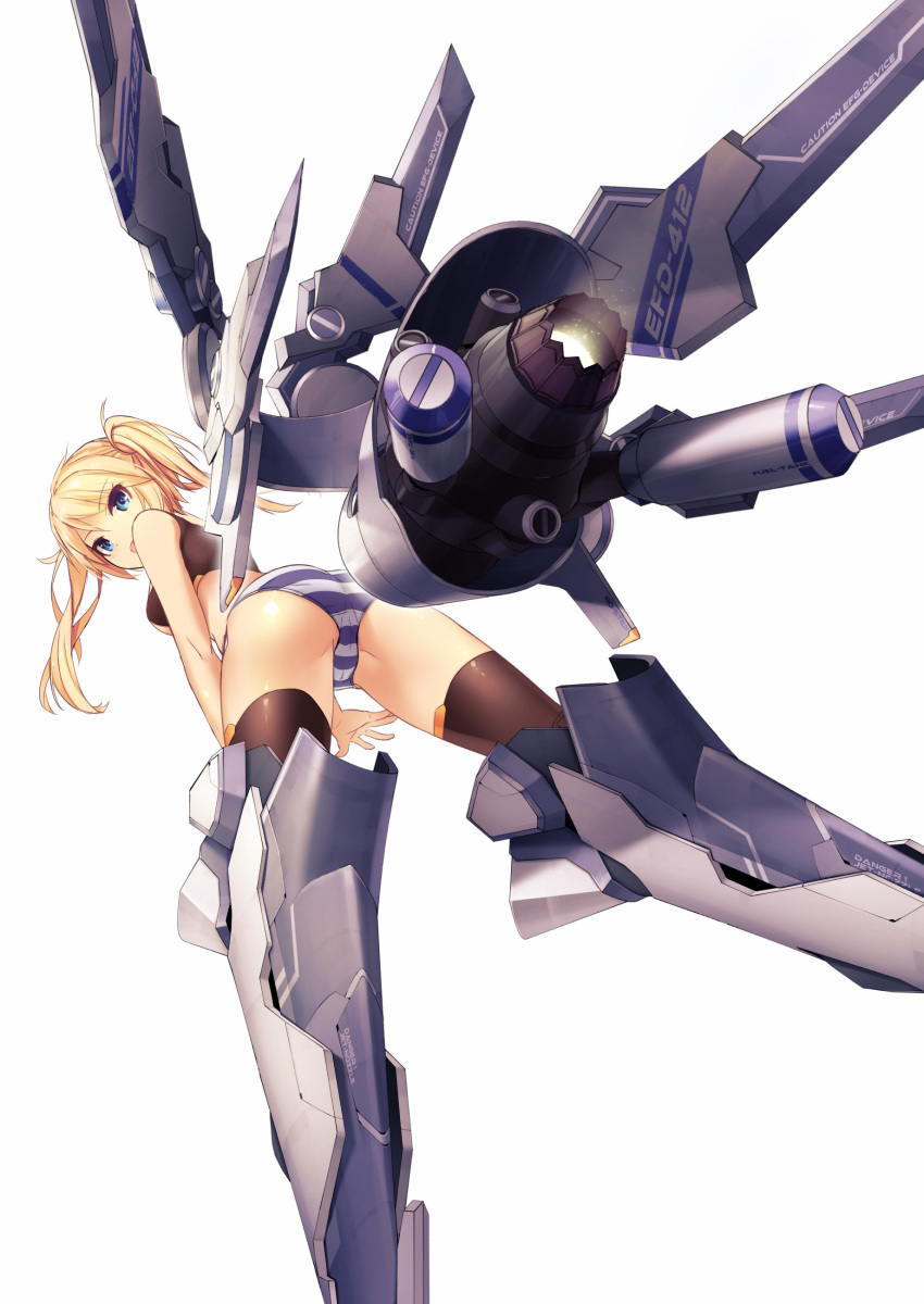 1girl absurdres bangs black_legwear blonde_hair blue_eyes crop_top crotch_seam detached_wings dobunezumi eyebrows eyebrows_visible_through_hair from_behind from_below glowing highres legs_apart long_hair looking_at_viewer looking_back mecha_musume mechanical_wings midriff no_pants open_mouth original panties simple_background sleeveless solo striped striped_panties thigh-highs twintails underwear white_background wings