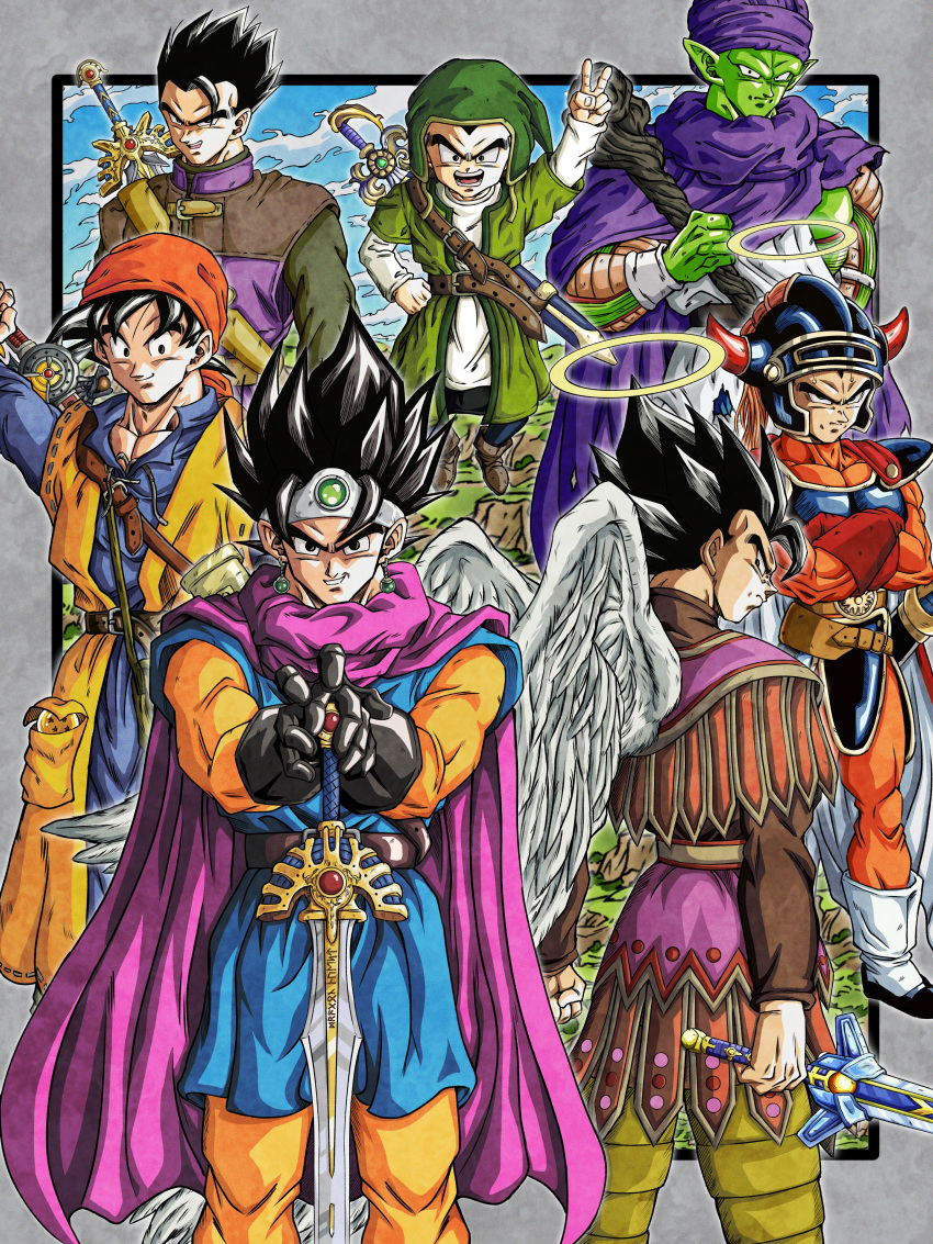 6+boys absurdres angel_wings armor cape colored_skin cosplay dragon_ball dragon_quest dragon_quest_iii dragon_quest_ix dragon_quest_v dragon_quest_vii dragon_quest_viii dragon_quest_xi gogeta gotenks green_headwear halo hat helmet hero_(dq1) hero_(dq1)_(cosplay) hero_(dq11) hero_(dq11)_(cosplay) hero_(dq3) hero_(dq3)_(cosplay) hero_(dq5) hero_(dq5)_(cosplay) hero_(dq7) hero_(dq7)_(cosplay) hero_(dq8) hero_(dq8)_(cosplay) hero_(dq9) hero_(dq9)_(cosplay) highres hiro_(udkod1ezlyi2flo) holding holding_sword holding_weapon looking_at_viewer male_focus multiple_boys namekian piccolo pointy_ears pointy_hair pointy_hat purple_cape roto_(dq3) roto_(dq3)_(cosplay) shoulder_armor smile son_gohan son_goku sword turban vegeta vegetto weapon wings yellow_halo