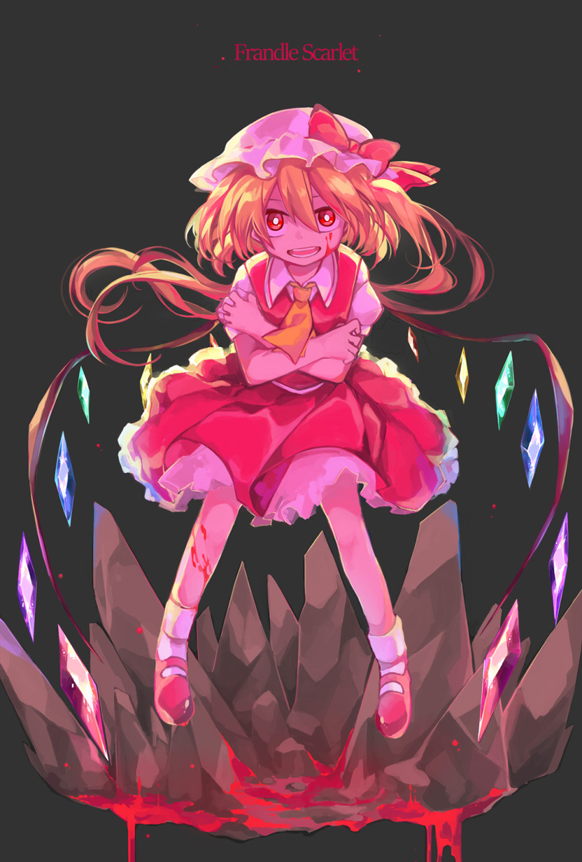 1girl ascot blonde_hair blood blood_on_face character_name crystal flandre_scarlet full_body grey_background hat hat_ribbon highres itii_(aoitii) mary_janes mob_cap open_mouth puffy_sleeves red_eyes ribbon shirt shoes short_sleeves side_ponytail simple_background skirt skirt_set smile socks solo touhou typo upskirt white_legwear wings