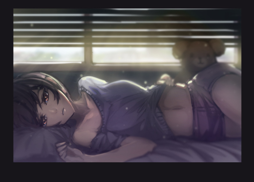 1girl backlighting bare_shoulders bed bed_sheet black_border black_hair border brown_eyes collarbone day dust expressionless half-closed_eyes indoors light_rays looking_at_viewer lying midriff navel on_bed on_side original parted_lips purple_shirt shirt short_hair short_shorts shorts shutter solo stomach stuffed_animal stuffed_toy sunlight teddy_bear yellowpaint.