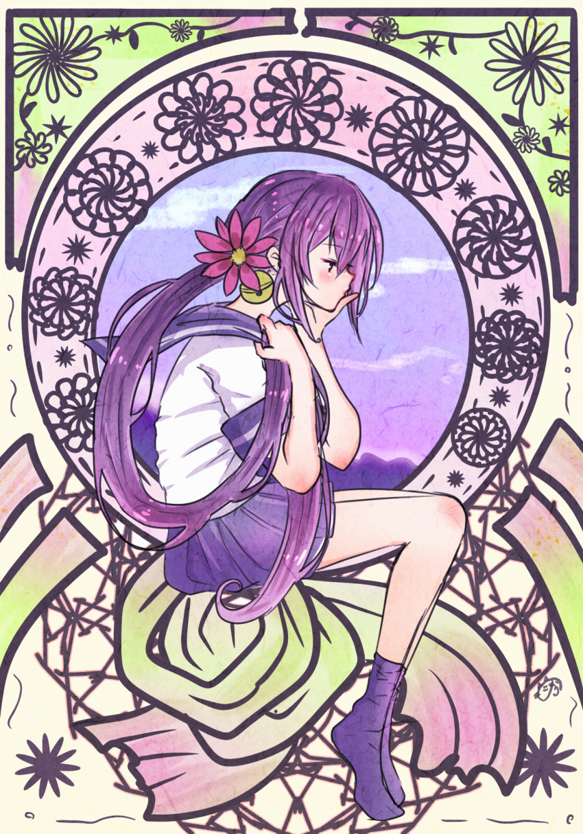 1girl akebono_(kantai_collection) bell black_legwear floral_background flower hair_bell hair_flower hair_ornament hand_on_own_chin highres holding holding_hair kantai_collection loafers long_hair nora_(salatto) purple_hair school_uniform serafuku shoes shoes_removed side_ponytail sitting solo very_long_hair