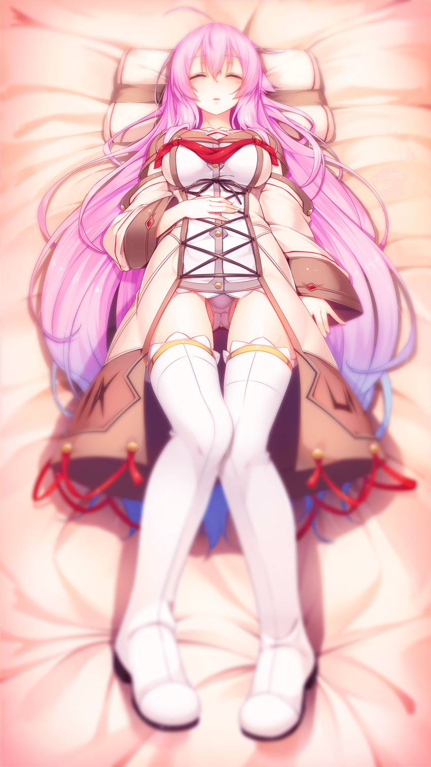 1girl absurdres ahoge artist_request blue_hair blurry blush boots breasts character_request copyright_request depth_of_field dress hand_on_own_stomach highres large_breasts long_hair multicolored_hair panties pink_hair purple_hair sleeping solo thigh-highs thigh_boots thigh_gap thighs underwear very_long_hair